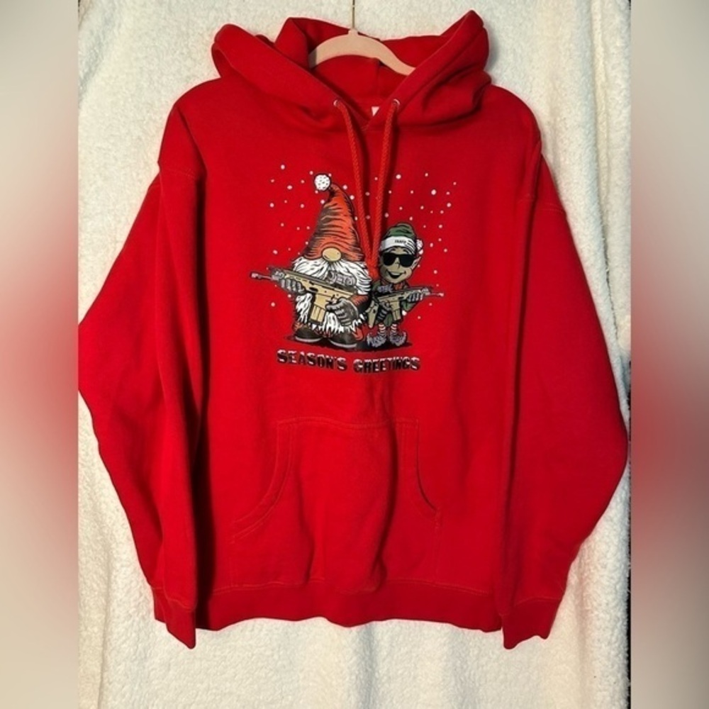 Seasons greeting size large red hoodie with festive decal.